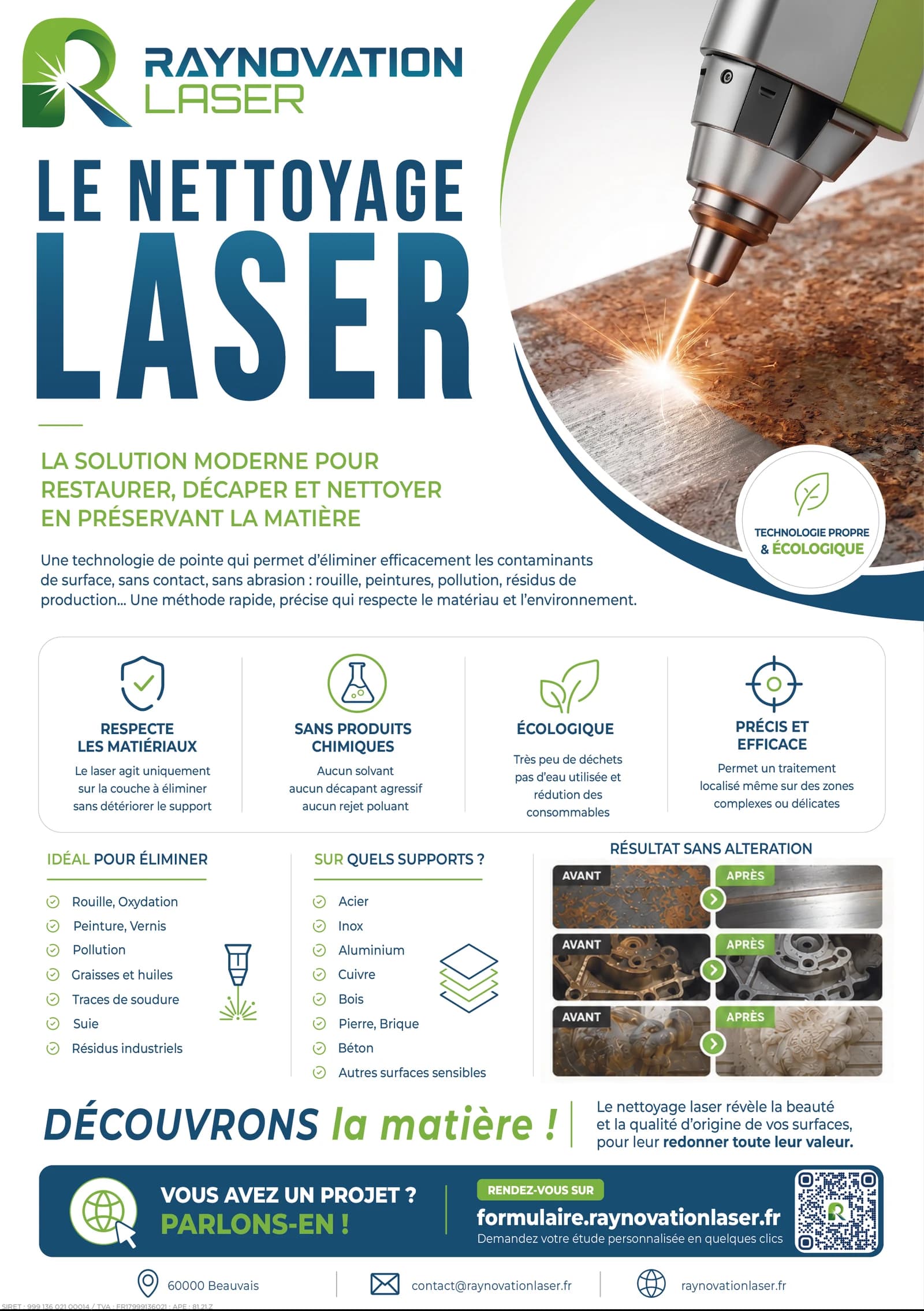Recto du flyer commercial Raynovation Laser présentant le nettoyage laser