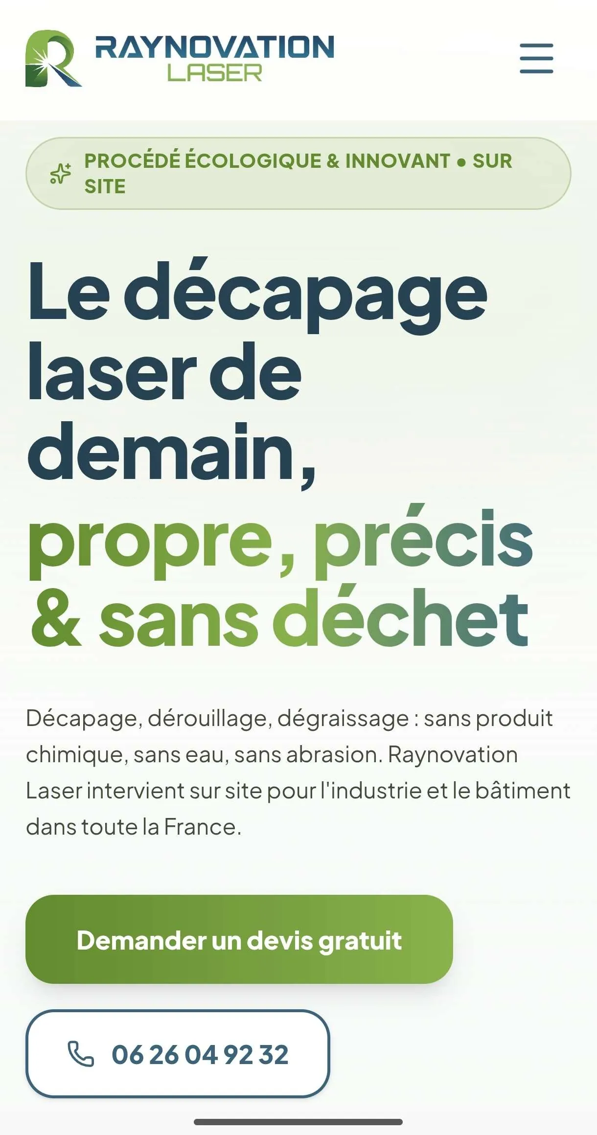 Page d’accueil Raynovation Laser adaptée au téléphone