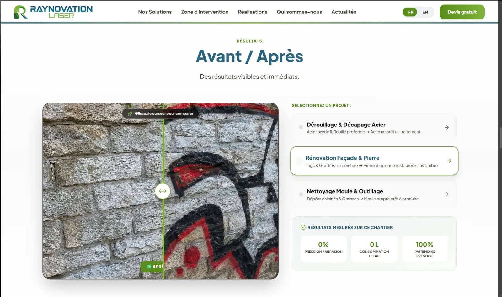 Comparateur avant après d’un chantier de nettoyage laser