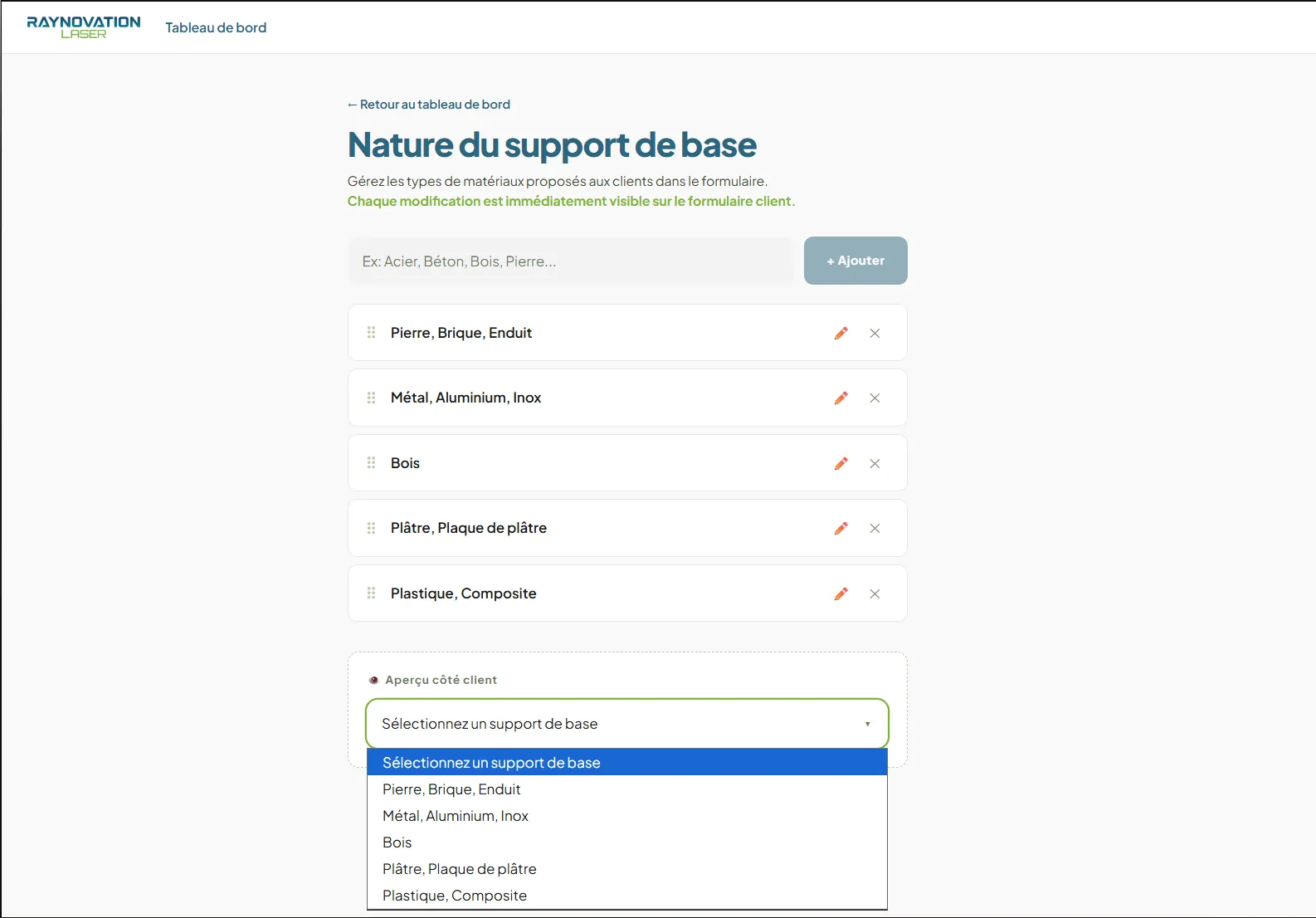 Interface permettant de modifier les options du formulaire Raynovation Laser