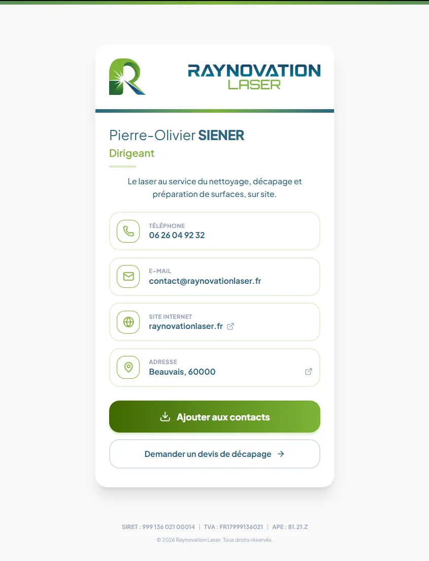 Carte de visite virtuelle de Raynovation Laser avec coordonnées et ajout aux contacts