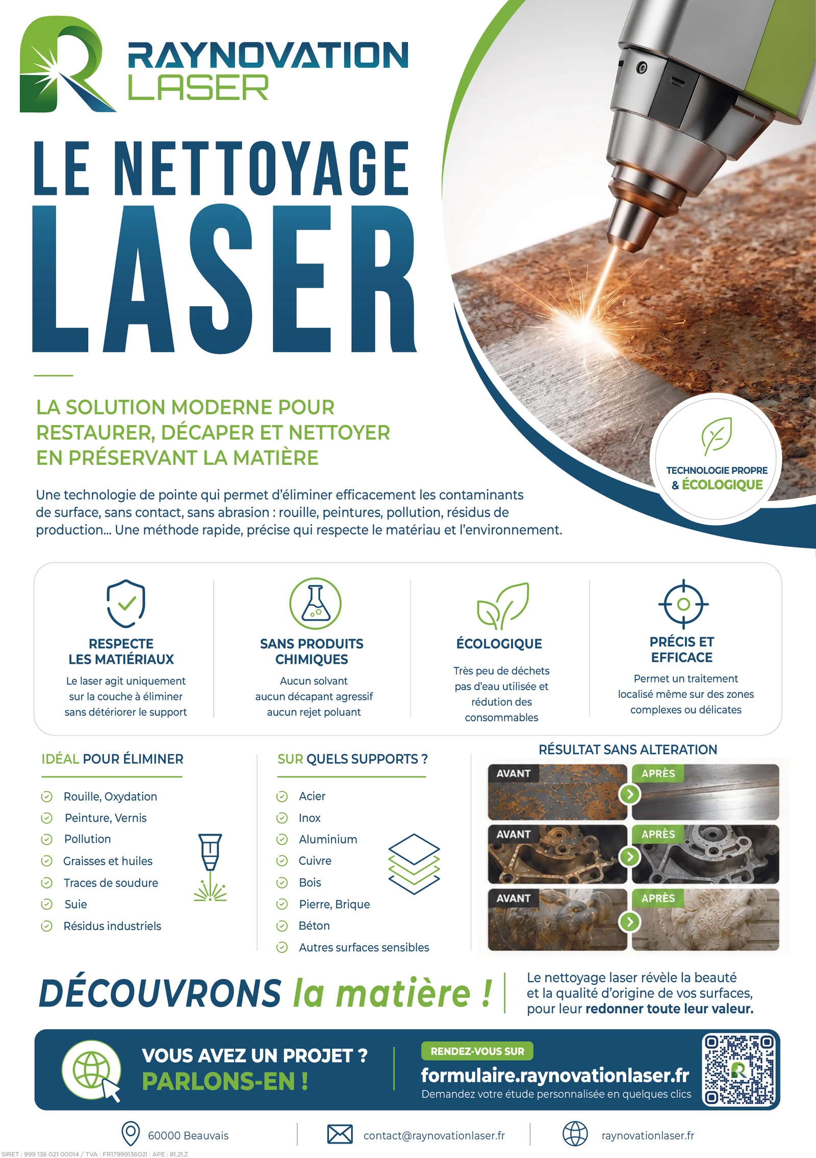 Recto du flyer commercial Raynovation Laser présentant le nettoyage laser