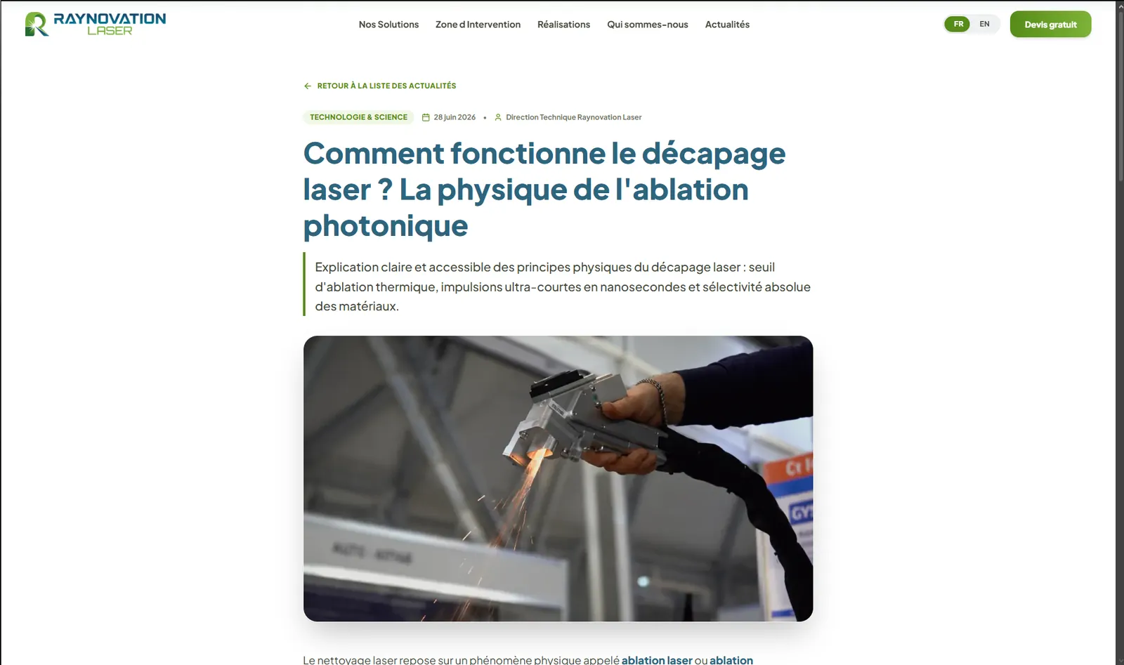 Article expliquant la physique du décapage laser