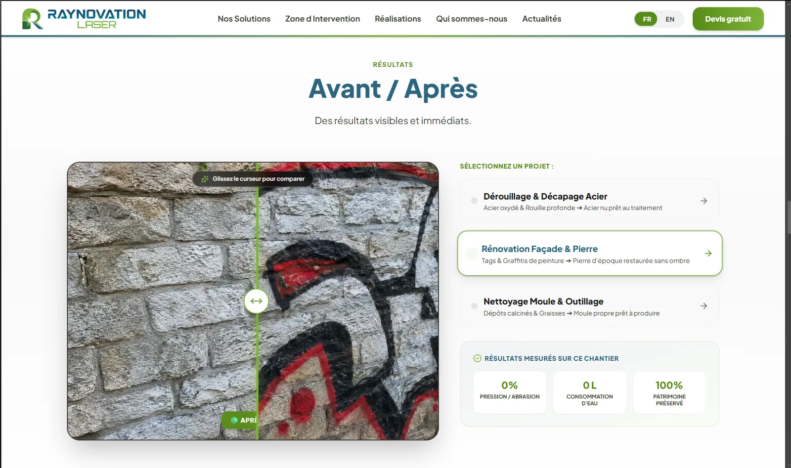 Comparateur avant après d’un chantier de nettoyage laser