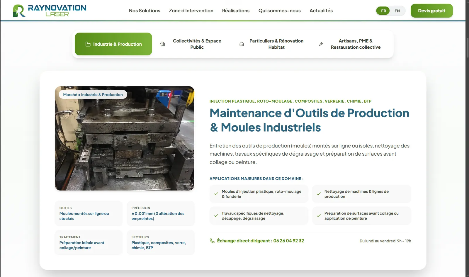 Présentation des services sur le site Raynovation Laser
